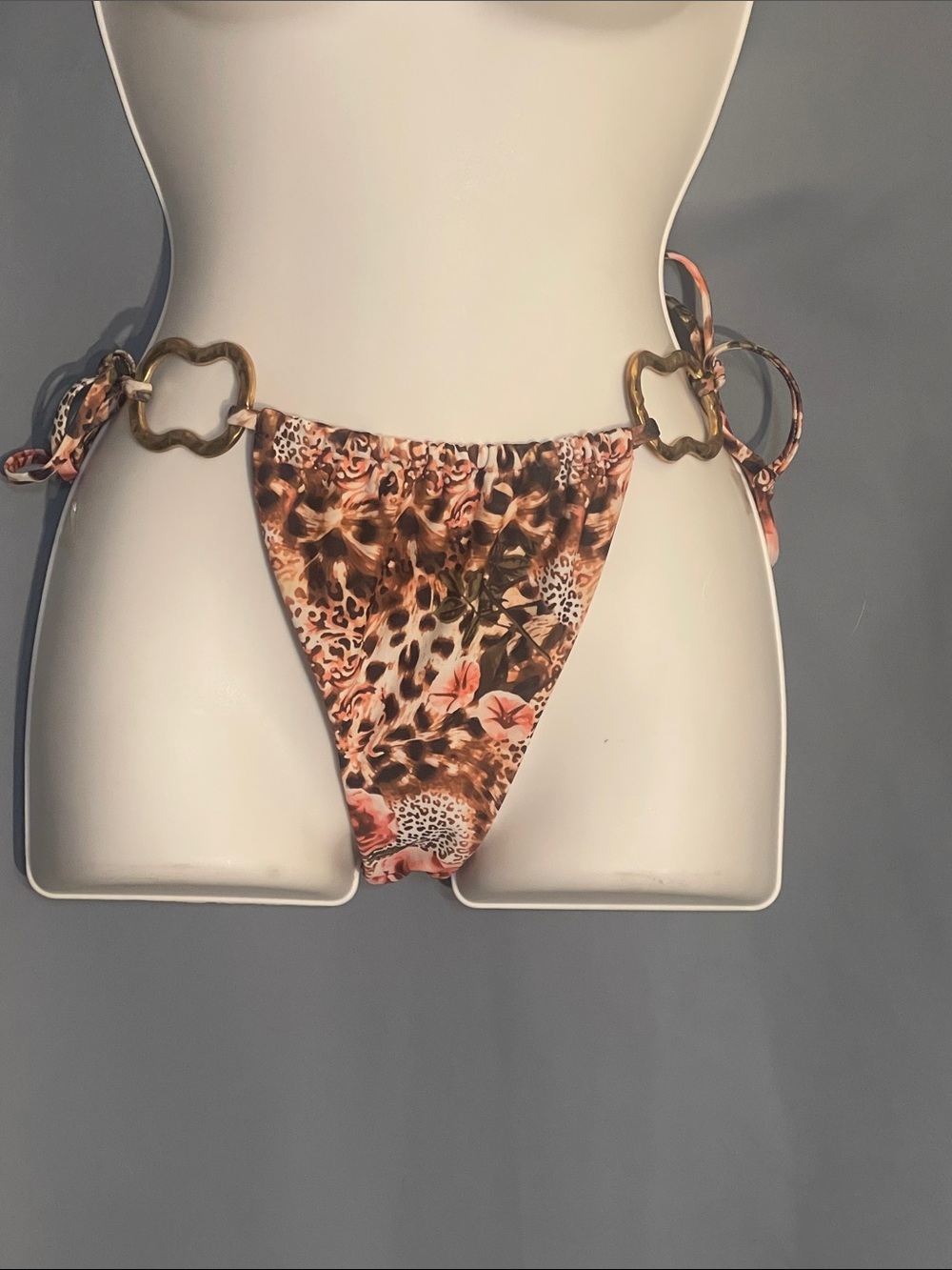 Floral Leopard Print Bikini Bottom with Gold Accent Rings - Women Swim Bikinis